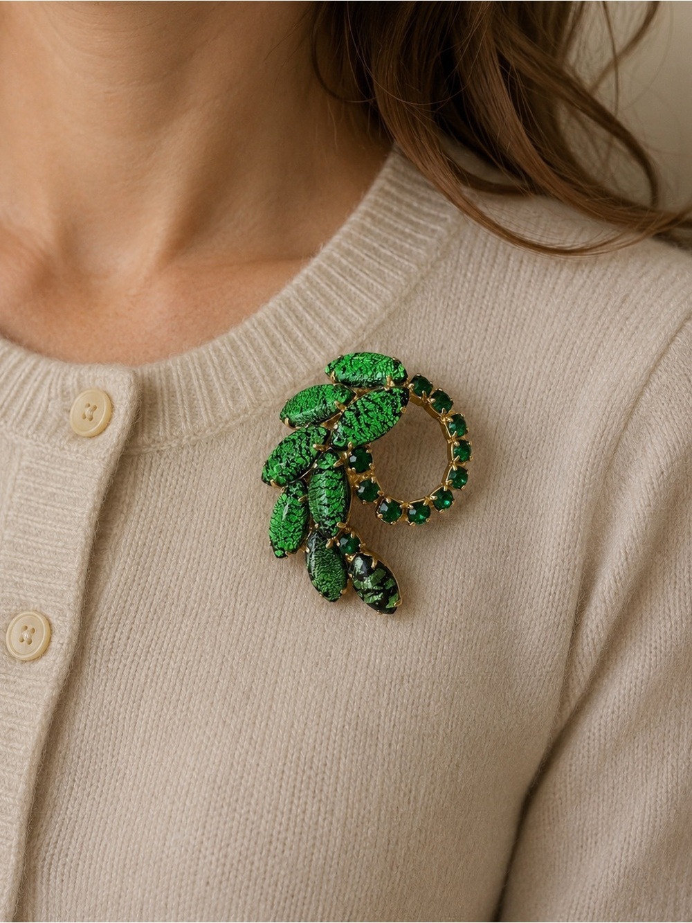 Vintage Brooch Green Rhinestone Foiled Art Glass Navette Gold Tone Pin Holiday